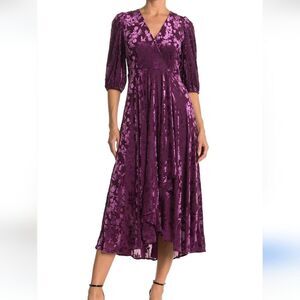 Calvin Klein Purple Floral Velvet Burn Out Faux Wrap Half Sleeve Midi Dress 10